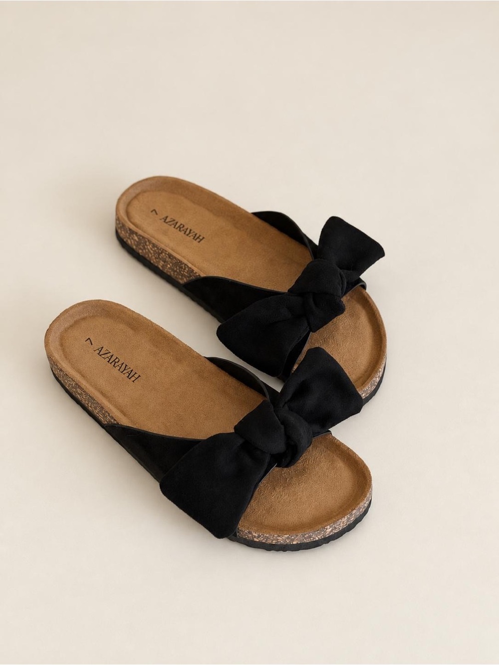 AZARAYAH Women’s Oversized Bow Slide Sandals Cork Footbed Slip-On Flats